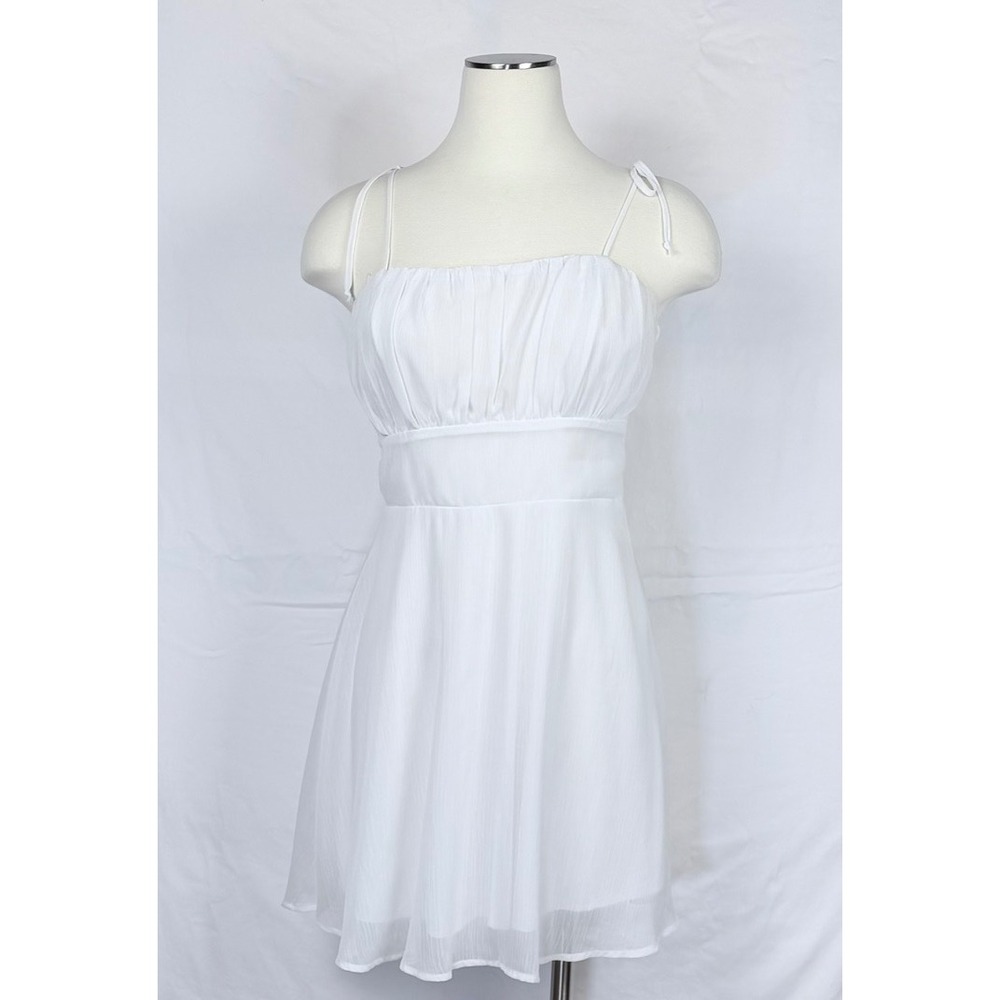 Trixxi White Babydoll Mini Dress Ruched Bodice Tie Straps Flirty Homecoming Hoco